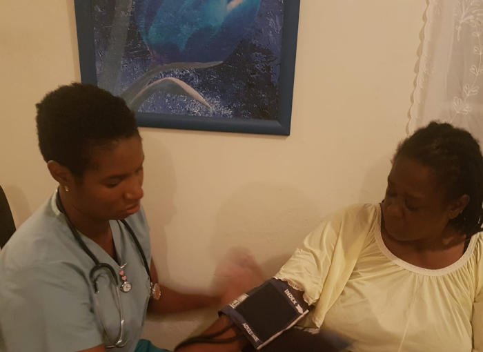 Blood pressure of elderly taken by clarkes helping hand care providers nurse in barbados